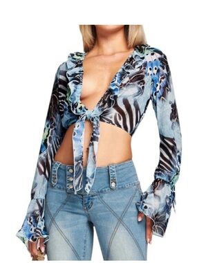 I.AM.GIA Odetta Blue Mesh  Butterfly Print Top